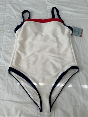 Shade & Shore White One-Piece Swimsuit with Navy Trim and Red Accent, New w/Tag.